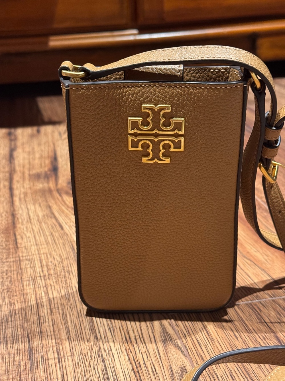 Tory Burch Pebbled Leather Belt Bag in Brown with Gold Logo